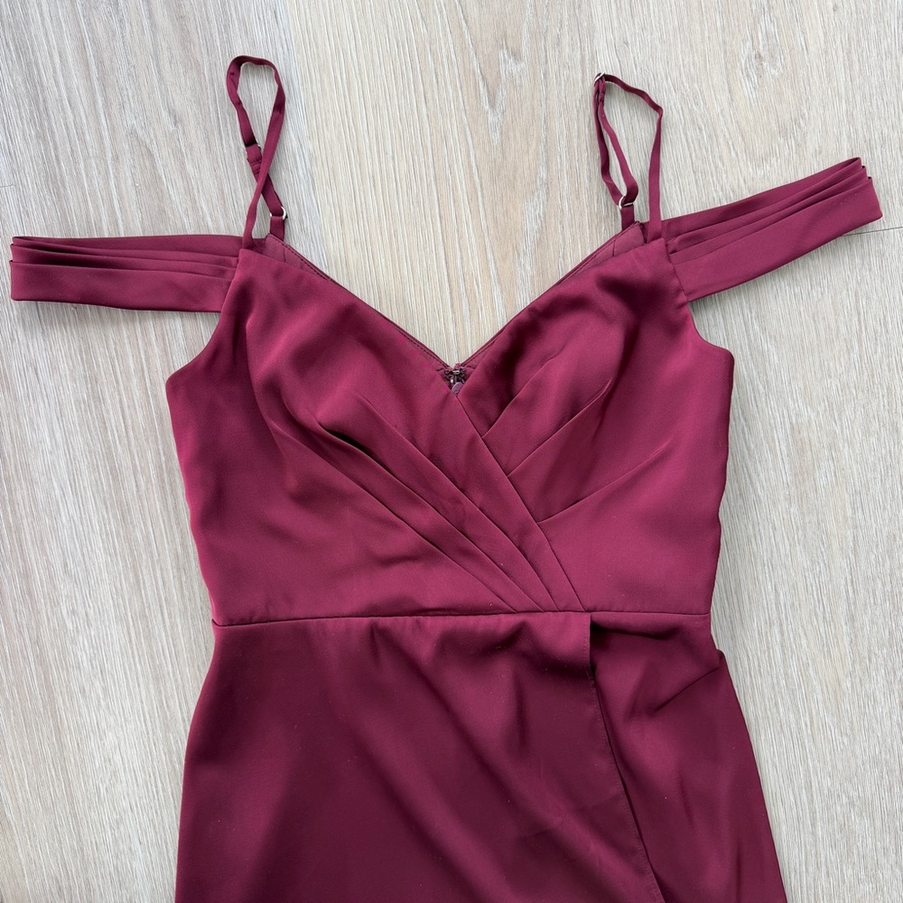 Azazie Burgundy Off-Shoulder Satin Maxi Dress with Slit - Picture 8 of 11
